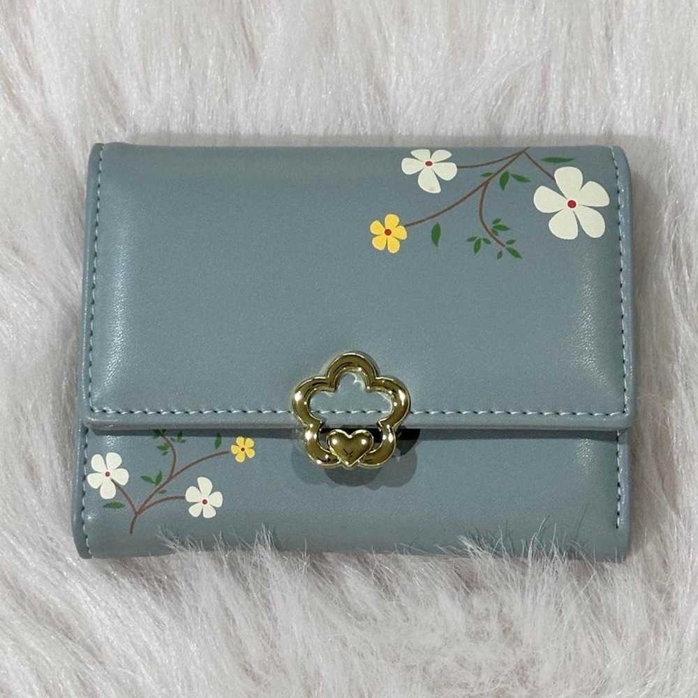 Small Trifold Wallet Dusty Blue Floral Gold Flower Clasp Zip Pocket
